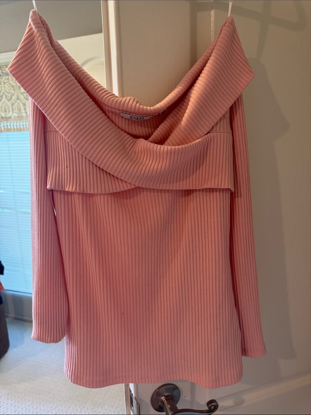 Guess Ribbed Fold-Over Off-the-Shoulder Sweater - Pink